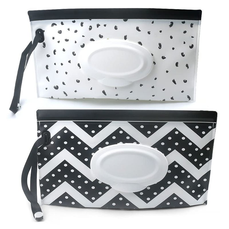 FKEYTO Baby Wipe Dispenser,Portable Refillable Wipe Holder Wipe Dispenser Bag Reusable Travel Wet Wipe Pouch (Black & White) - Image 1